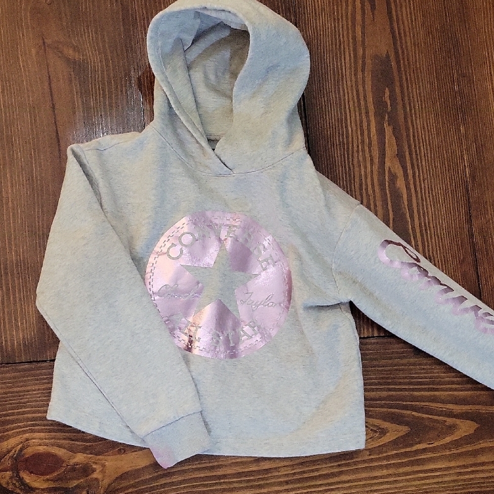 Converse Chuck Taylor Kids 10-12 Gray Hoodie Sweatshirt,  Shimmering Pink Logo